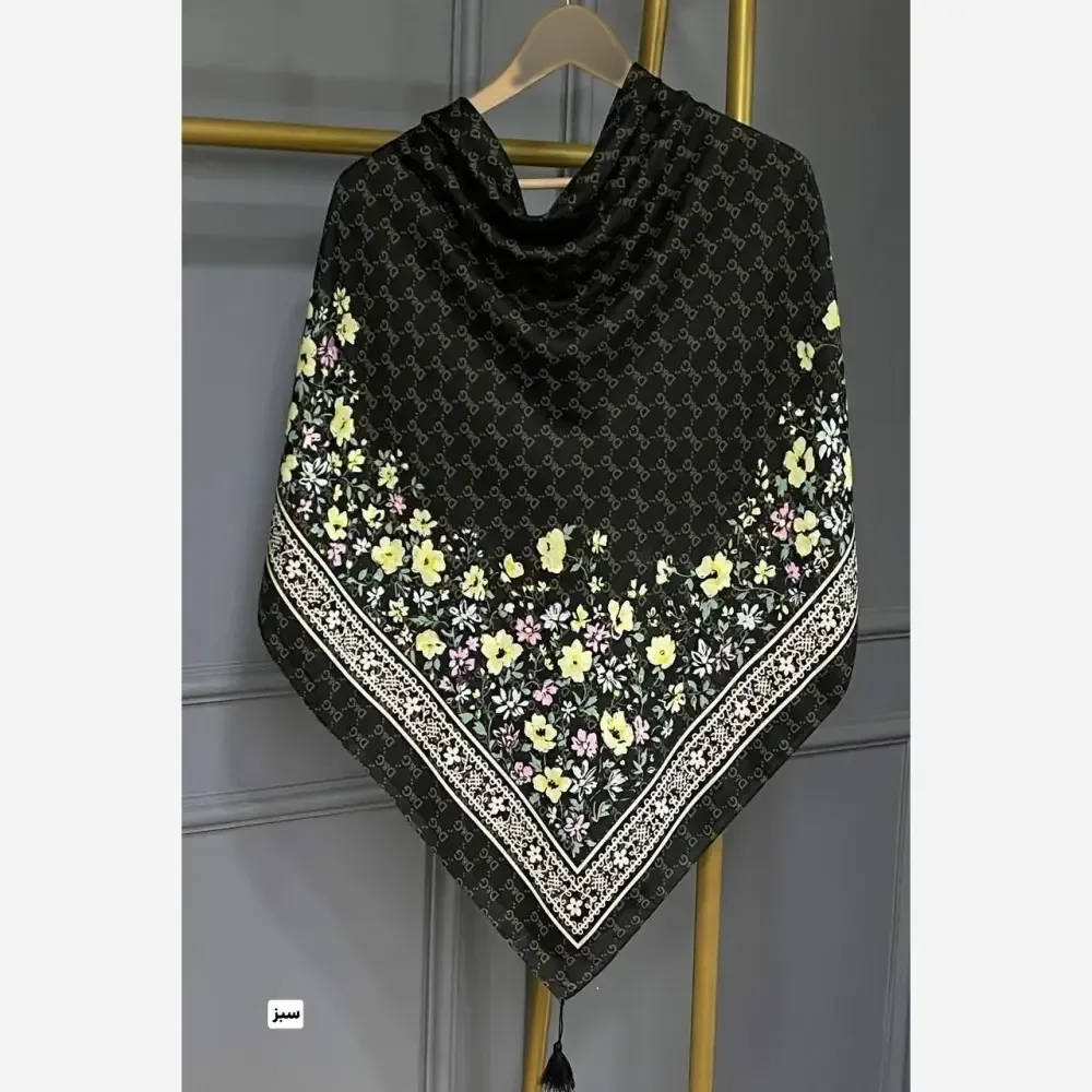 روسری نخی قواره 130 طرح گل دی سبز و کرم