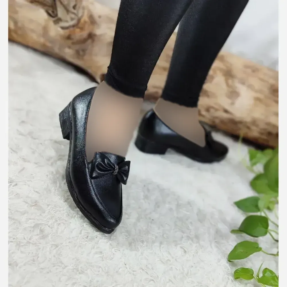 کفش کالج طبی زنانه مدل یکتا پاپیون چرم صنعتی مشکی سایز 37 و 38