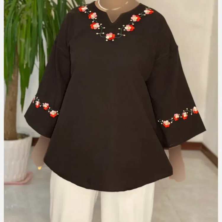 شومیز تونیک لنین پنبه گلدوزی جلو بسته فلاور فری سایز