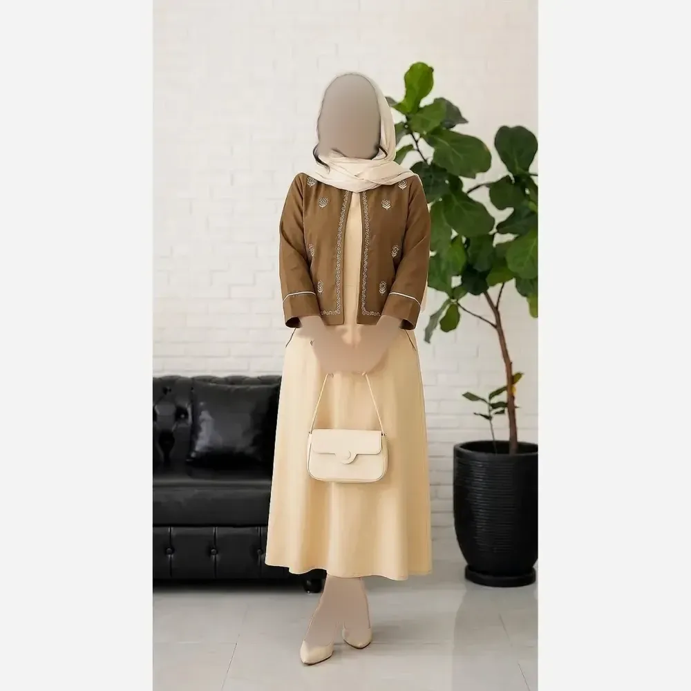 کت سارافون گلدوزی لنین پلاس رنگ مشکی سبز کرم نسکافه ای سایز 38 تا 48