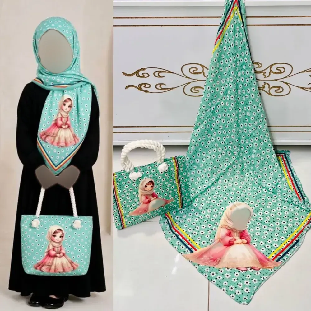 ست کیف و روسری بچگانه روسری نخی دور دوخت و کیف مخمل ضخیم چاپی