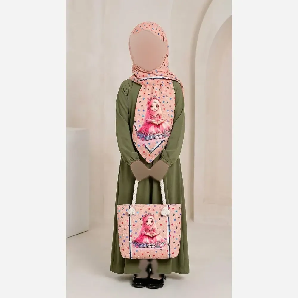 ست کیف و روسری بچگانه روسری نخی دور دوخت و کیف مخمل ضخیم چاپی