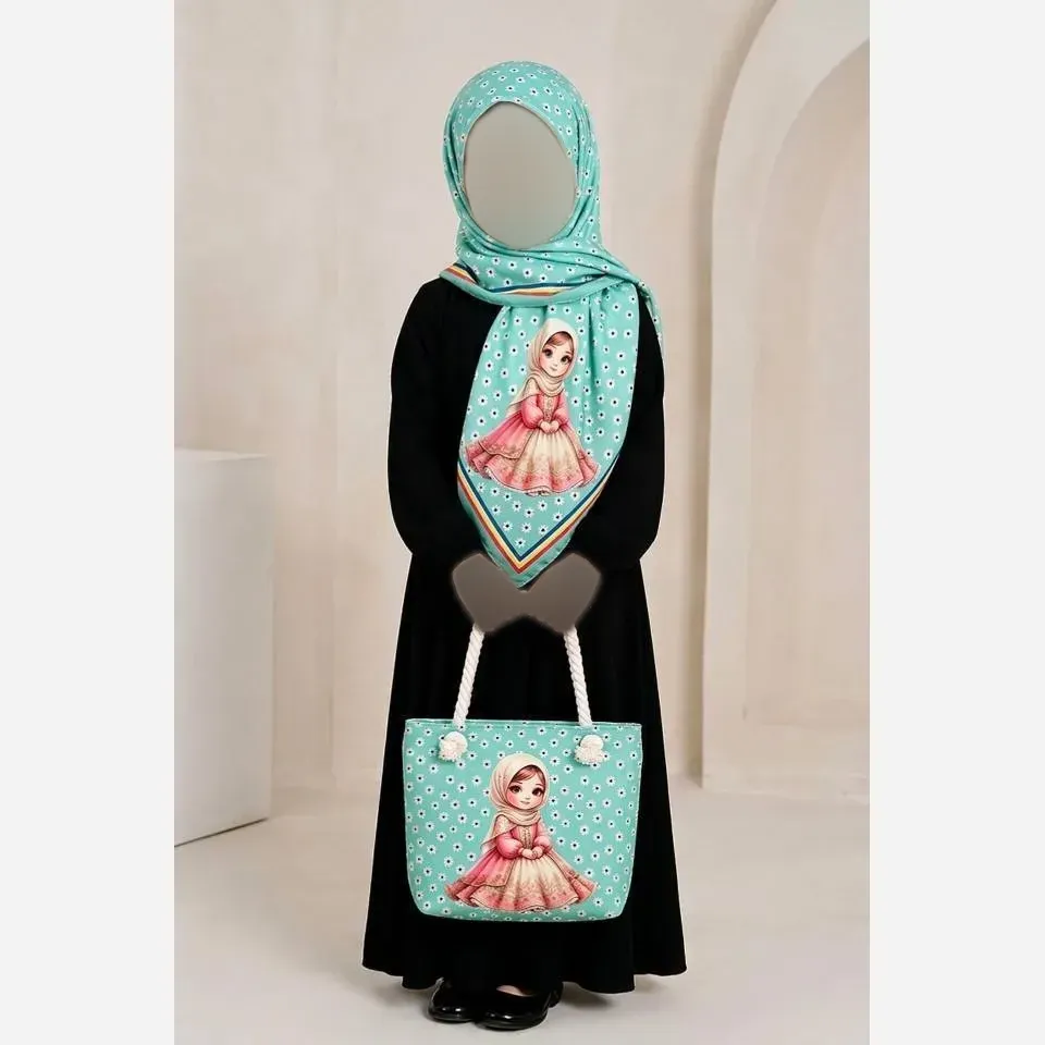 ست کیف و روسری بچگانه روسری نخی دور دوخت و کیف مخمل ضخیم چاپی