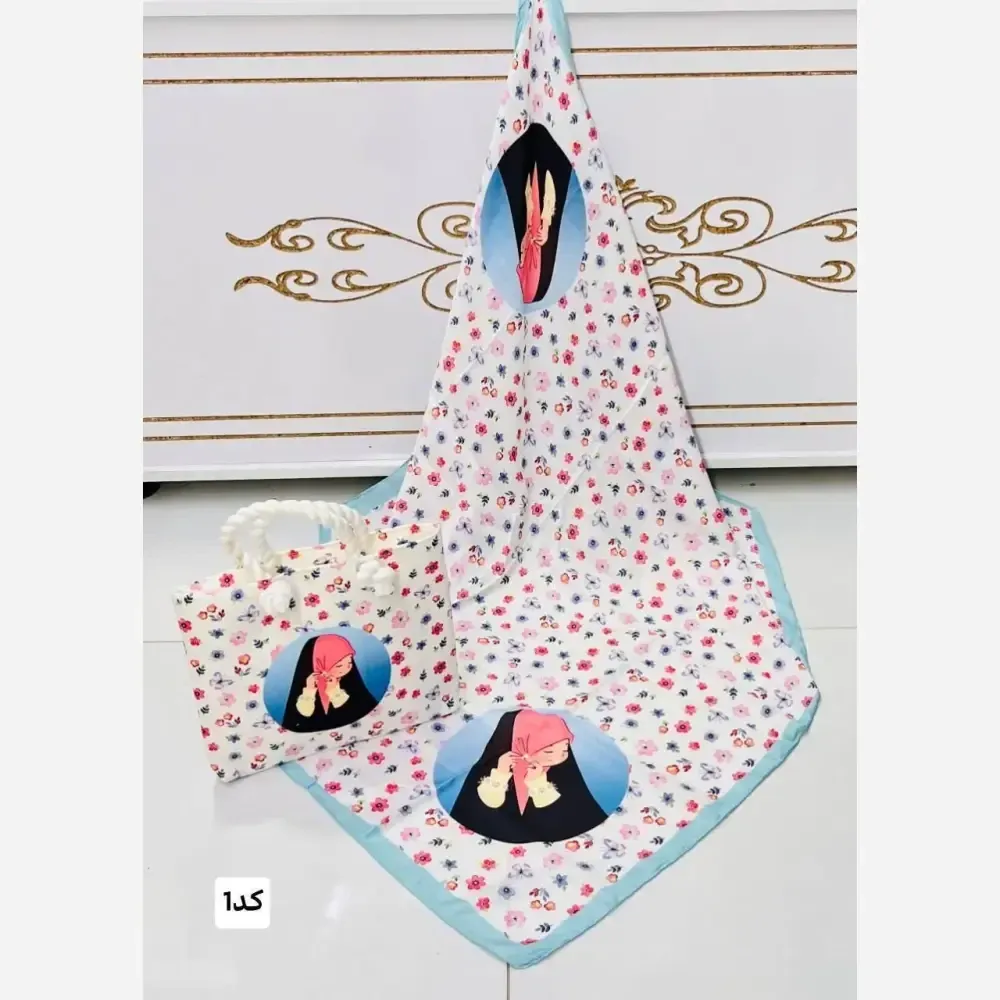 ست کیف و روسری بچگانه روسری نخی دور دوخت و کیف مخمل ضخیم چاپی