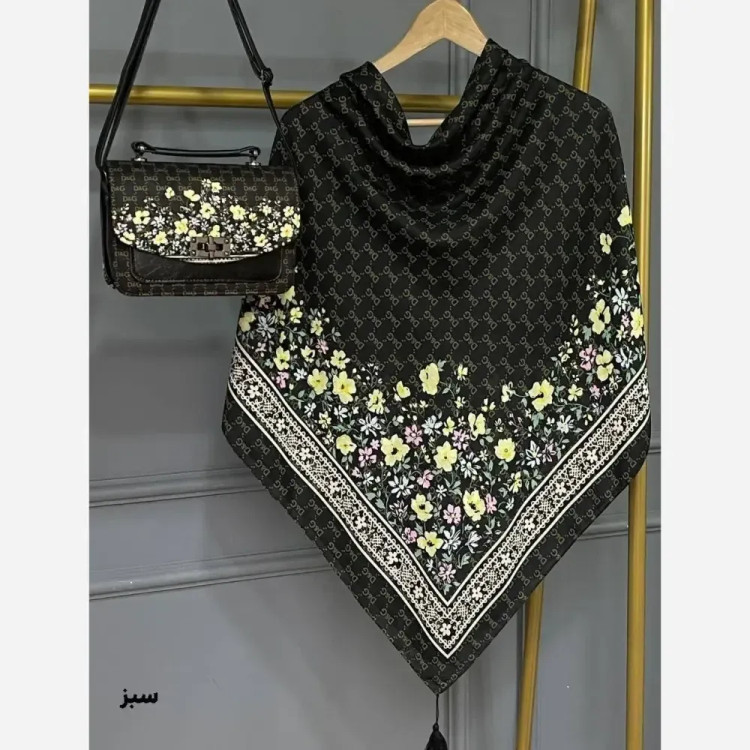 ست کیف و روسری مخمل و چرم صنعتی نخی منگوله دار طرح گل دی