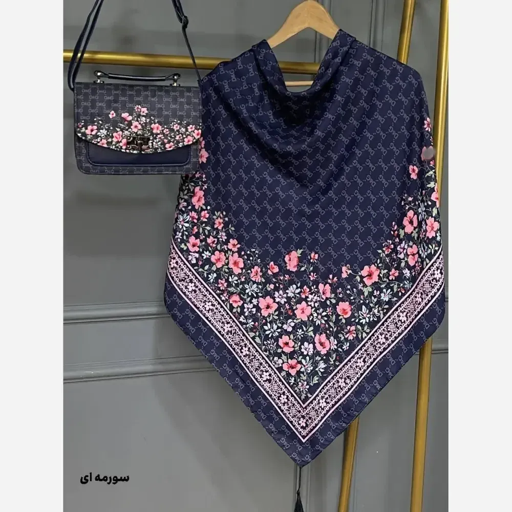 ست کیف و روسری مخمل و چرم صنعتی نخی منگوله دار طرح گل دی
