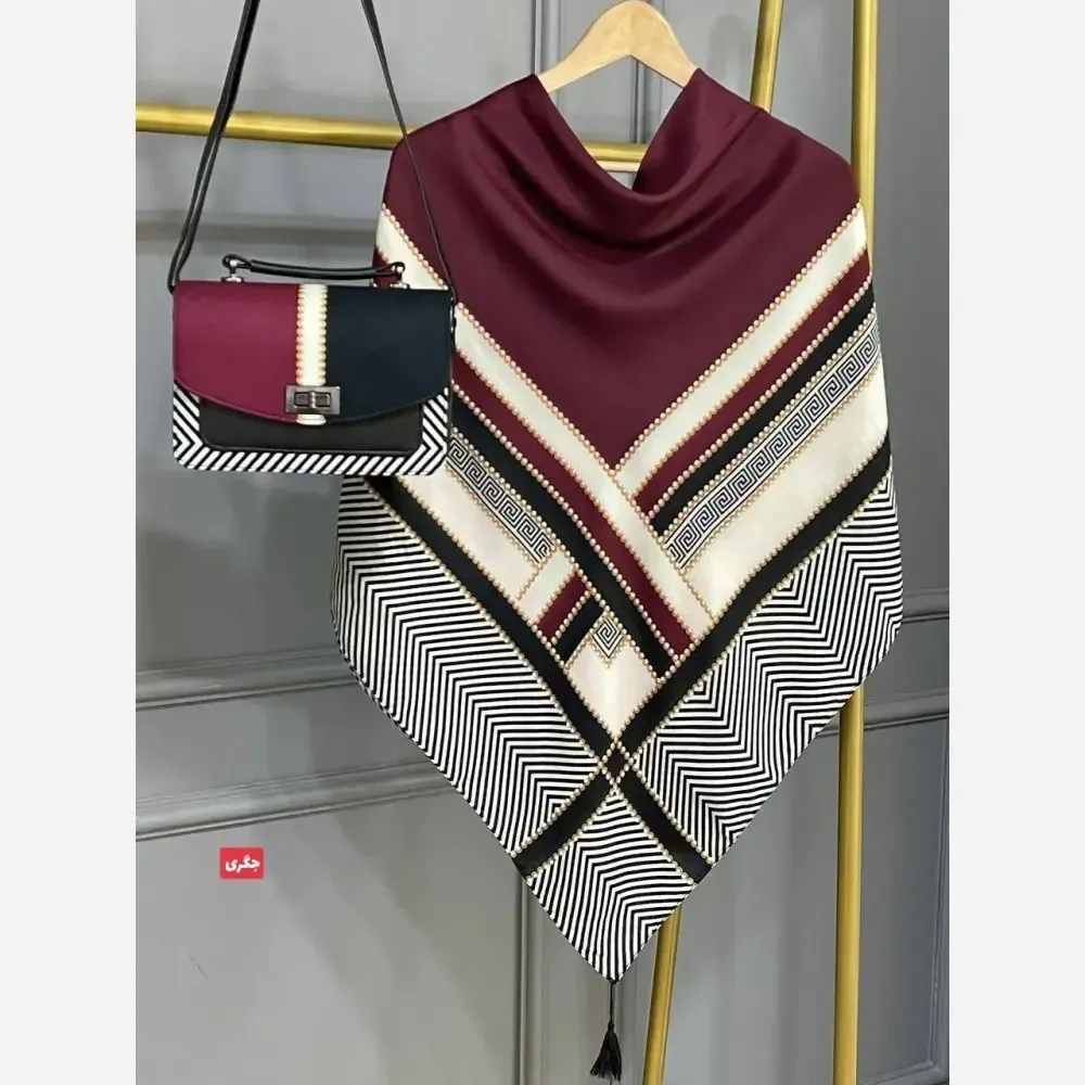 ست کیف و روسری طرح ورساچه مخمل و چرم صنعتی با روسری نخی منگوله دار قواره 130
