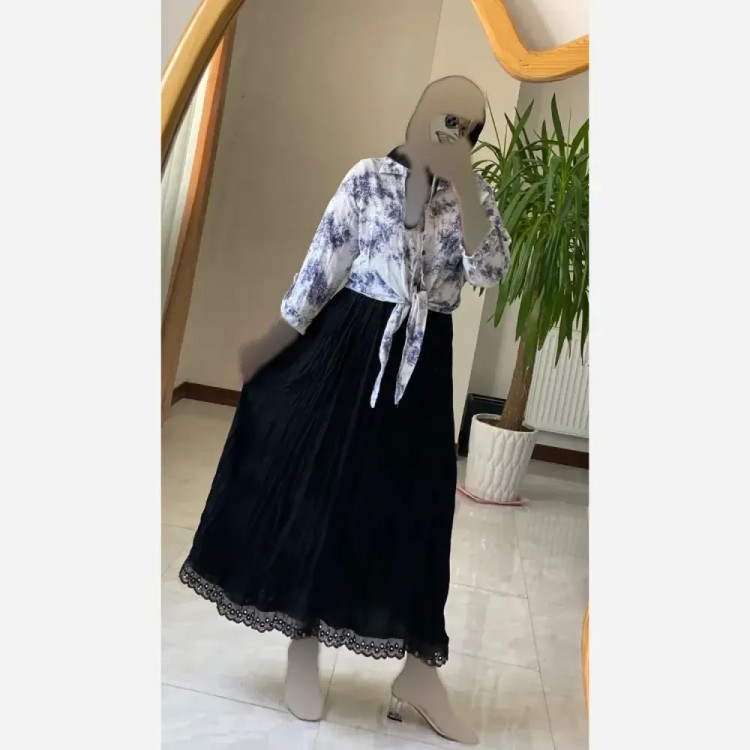 دامن قواره دار چروک بلند زنانه جنس کرپ خاویار فری سایز مشکی
