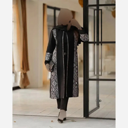 مانتو مجلسی زنانه داکرون خرجکار تافته رنگ مشکی سایز فری مناسب مهمانی