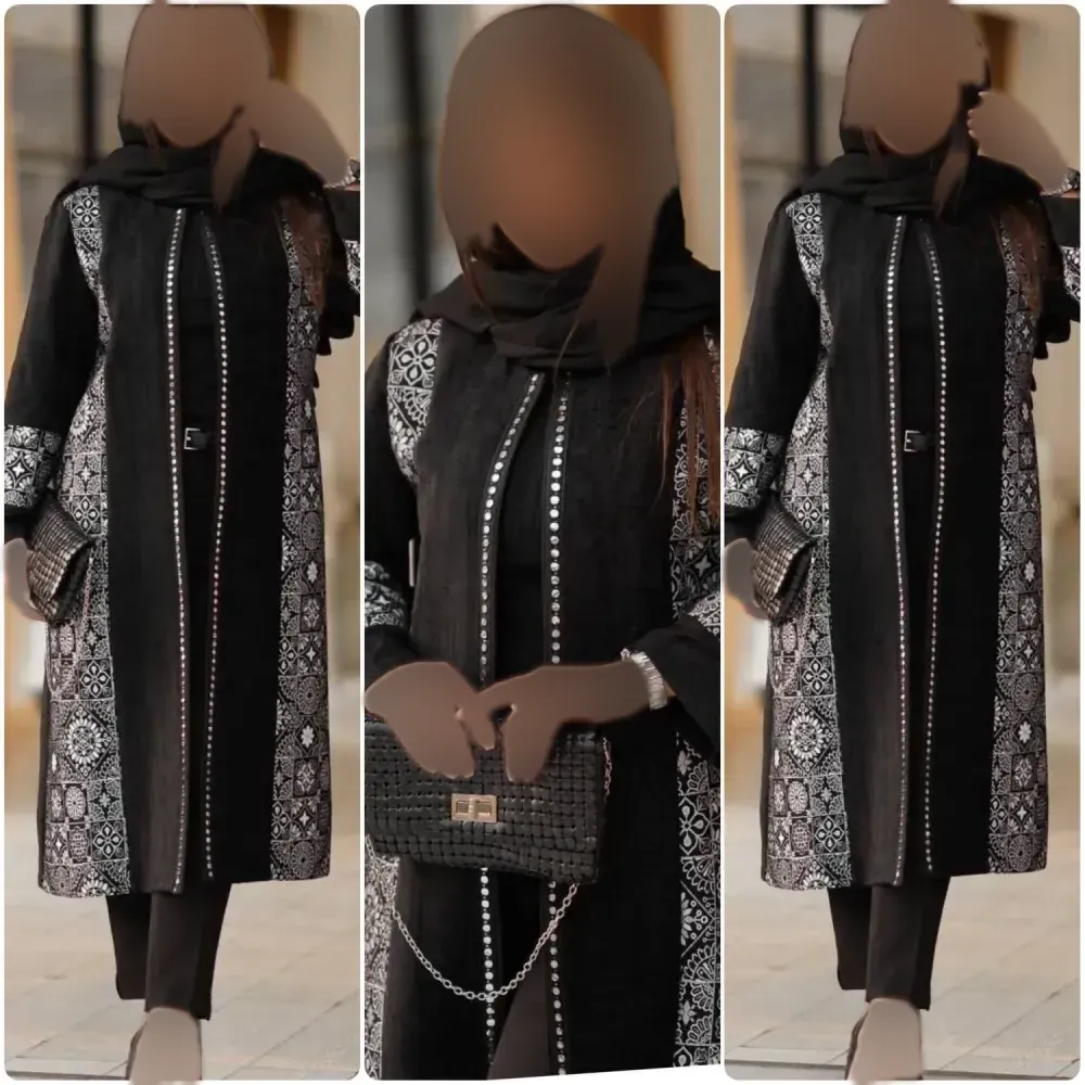 مانتو مجلسی زنانه داکرون خرجکار تافته رنگ مشکی سایز فری مناسب مهمانی