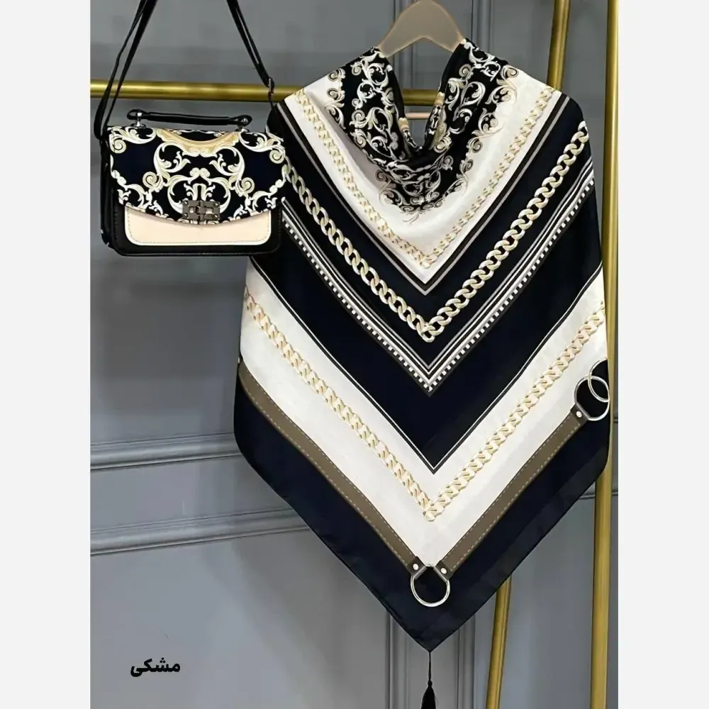 ست کیف و روسری مخمل و چرم صنعتی مشکی سبز آبی