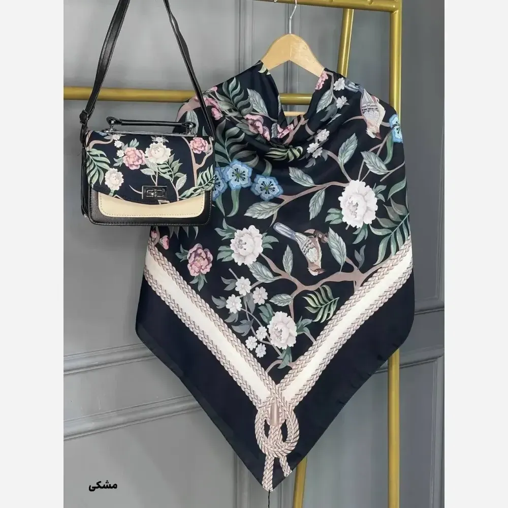 ست کیف و روسری گلاره مخمل و چرم صنعتی نخی منگوله دار قواره 130