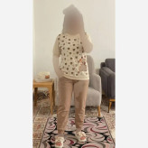 ست تیشرت شلوار آستین کوتاه زنانه جنس پنبه گلکسی رنگ نسکافه ای فری سایز