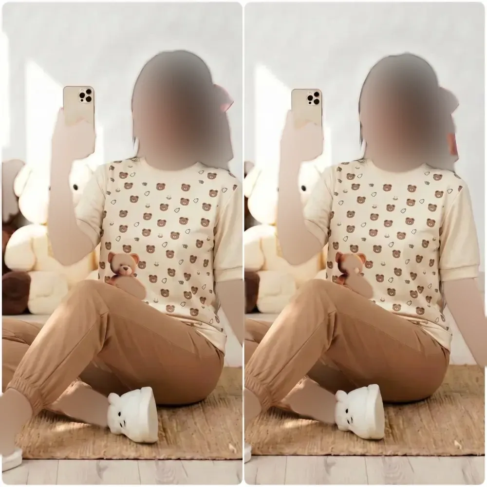 ست تیشرت شلوار آستین کوتاه زنانه جنس پنبه گلکسی رنگ نسکافه ای فری سایز