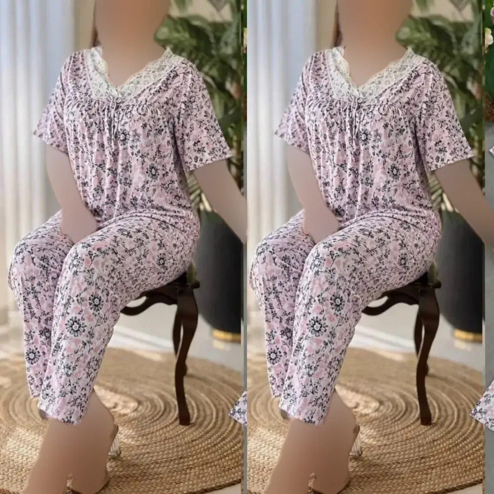 ست تیشرت و شلوار وارداتی گیاهی فری سایز رنگ میخک