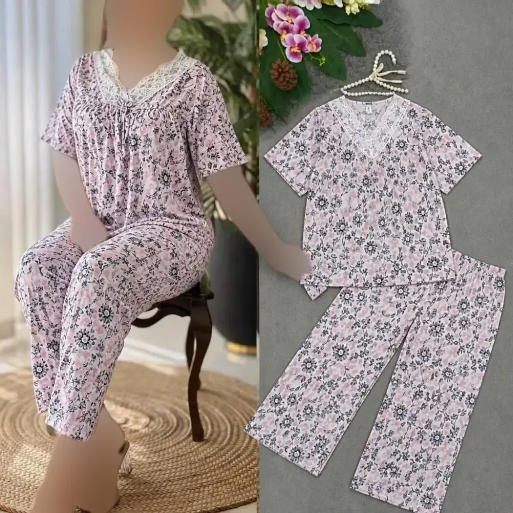ست تیشرت و شلوار وارداتی گیاهی فری سایز رنگ میخک