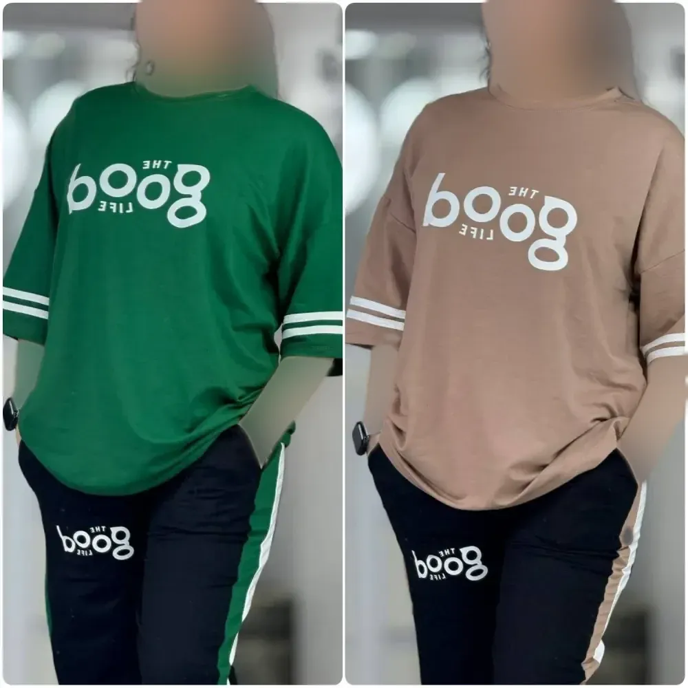ست تیشرت و شلوار پنبه گلکسی زنانه مدل good سایز فری 38 تا 46