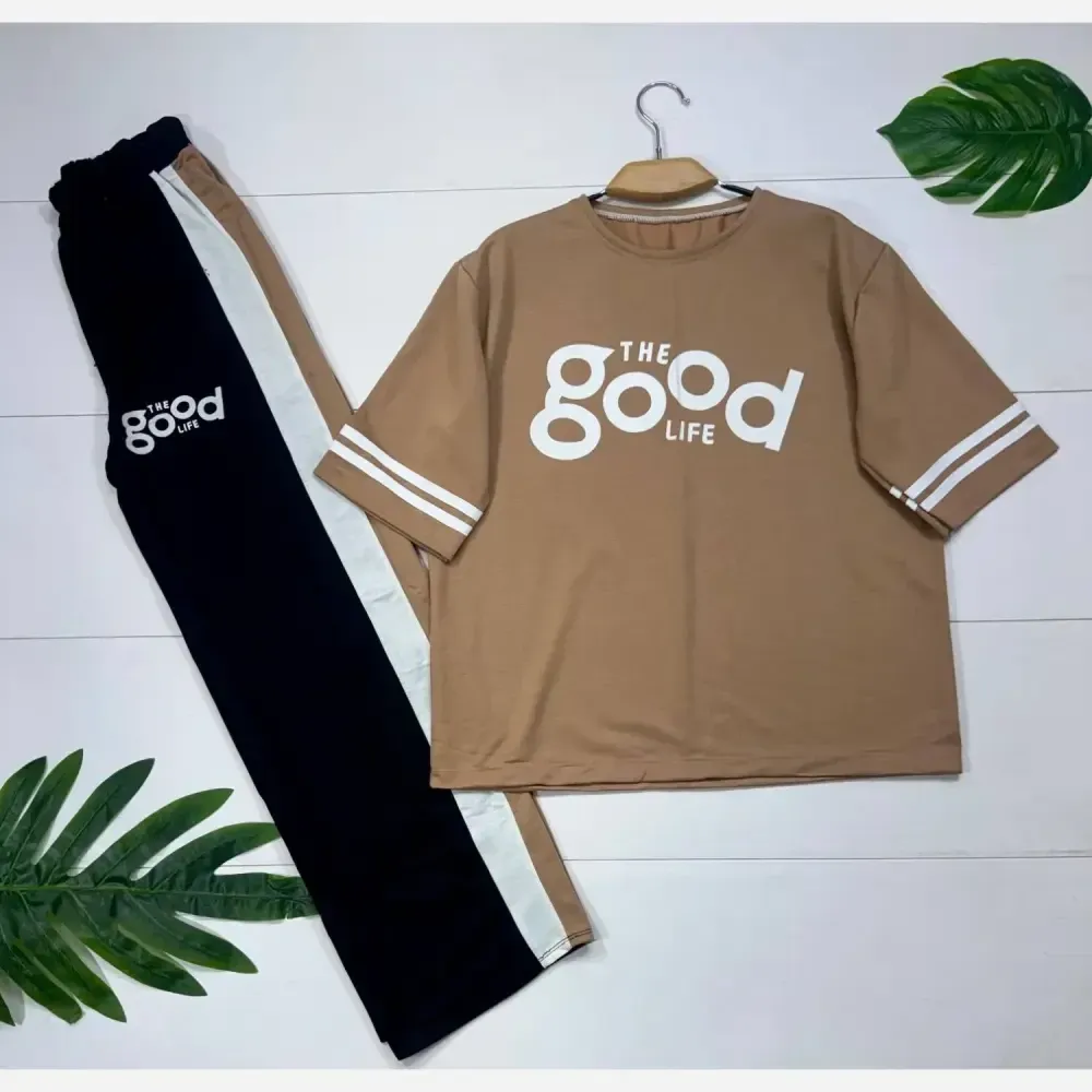 ست تیشرت و شلوار پنبه گلکسی زنانه مدل good سایز فری 38 تا 46