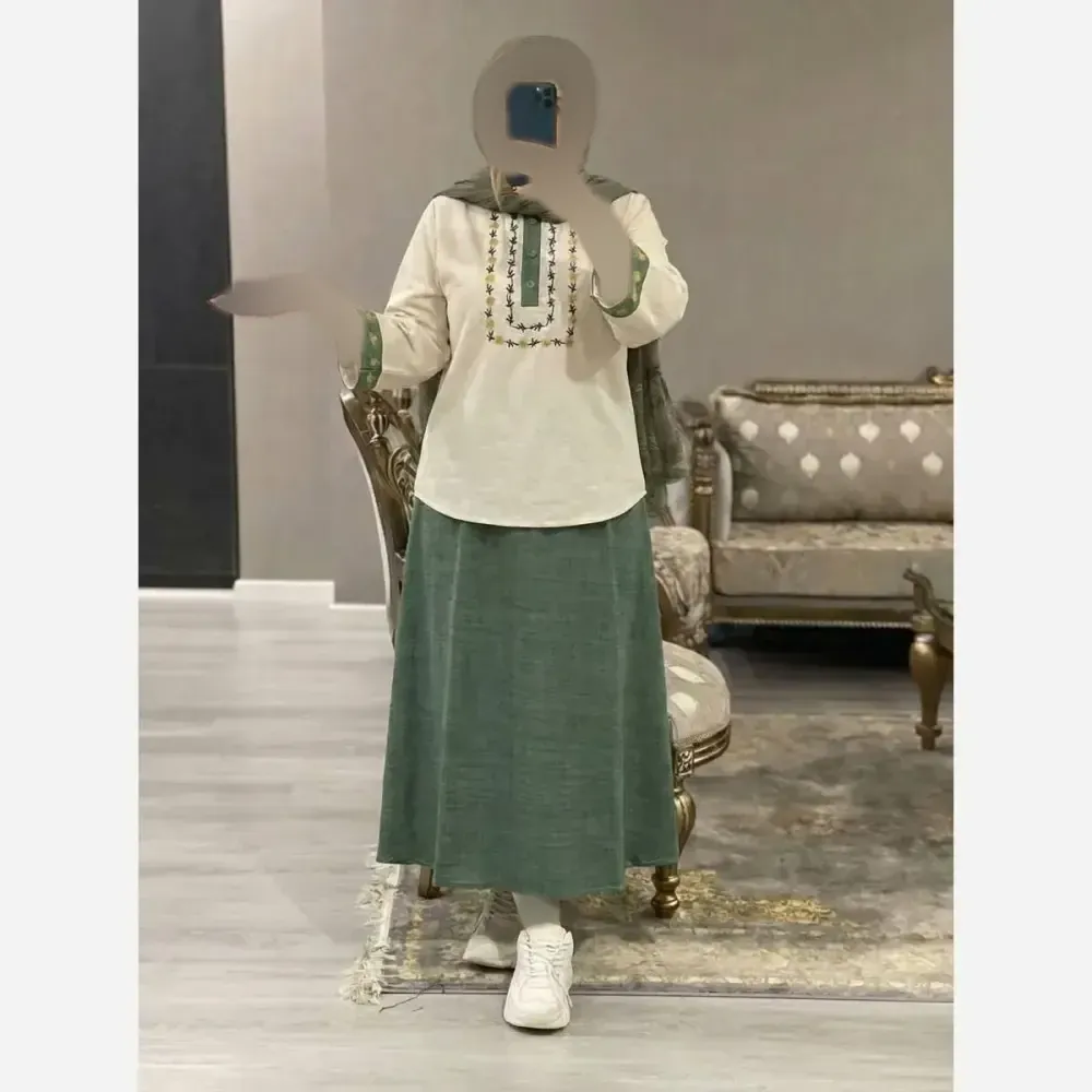 ست شومیز و دامن ژیوا جنس لنین و شانشون سایز فری 38 تا 46 رنگی