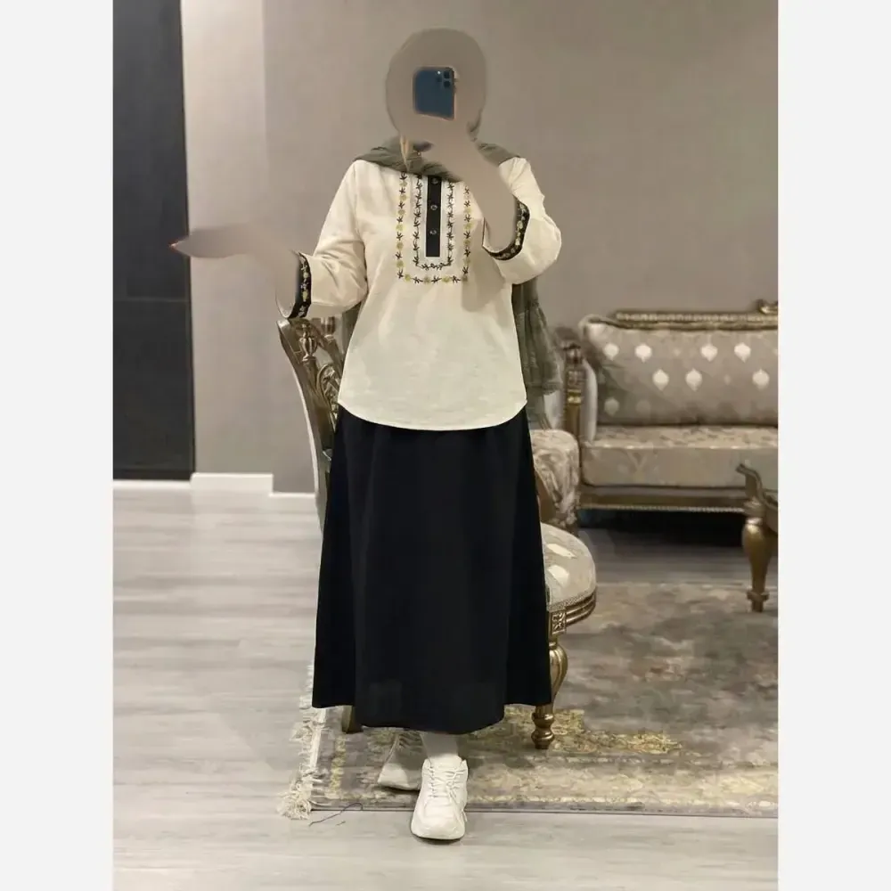 ست شومیز و دامن ژیوا جنس لنین و شانشون سایز فری 38 تا 46 رنگی