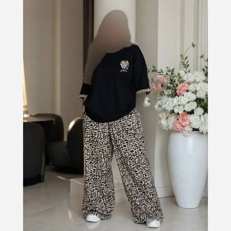 ست تیشرت شلوار پلنگی جنس گلکسی پنبه درجه یک رنگ مشکی قهوه ای کرم سایز فری