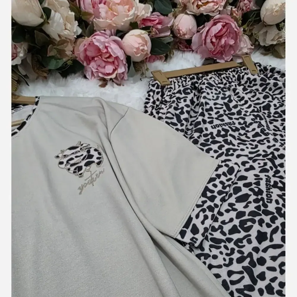 ست تیشرت شلوار پلنگی جنس گلکسی پنبه درجه یک رنگ مشکی قهوه ای کرم سایز فری