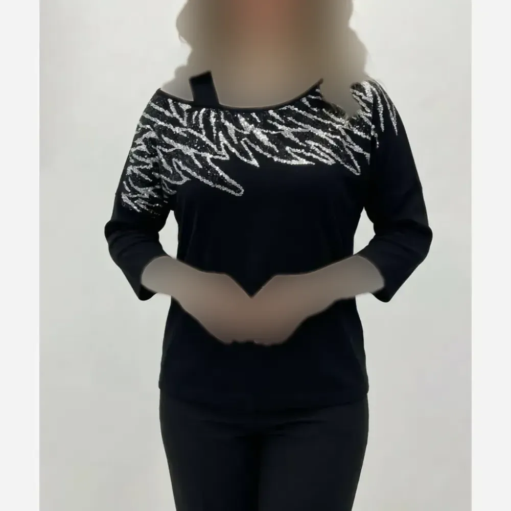 شومیز مجلسی زنانه نگین کاری شده پنبه لاکرا مشکی فری سایز مناسب مهمانی