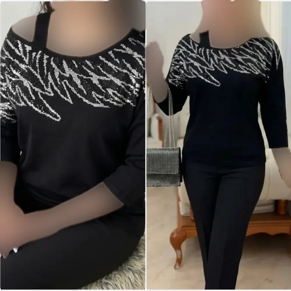 شومیز مجلسی زنانه نگین کاری شده پنبه لاکرا مشکی فری سایز مناسب مهمانی