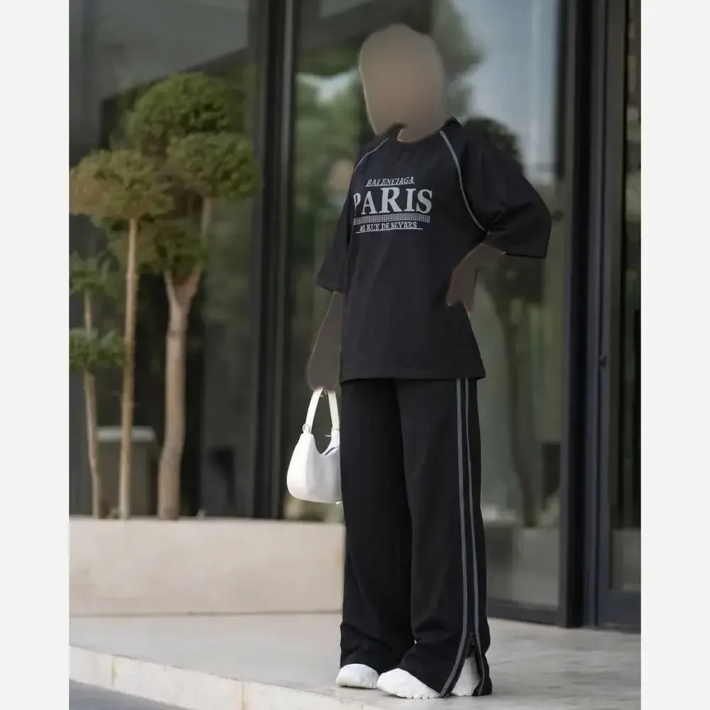 ست لباس زنانه مدل paris جنس شانتون کبریتی رنگ مشکی سایز فری 38 تا 46