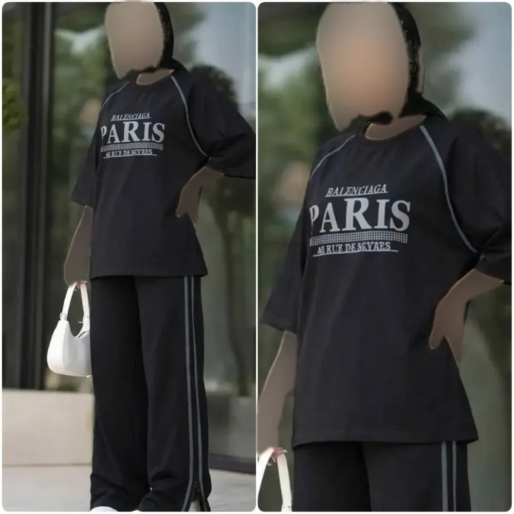 ست لباس زنانه مدل paris جنس شانتون کبریتی رنگ مشکی سایز فری 38 تا 46