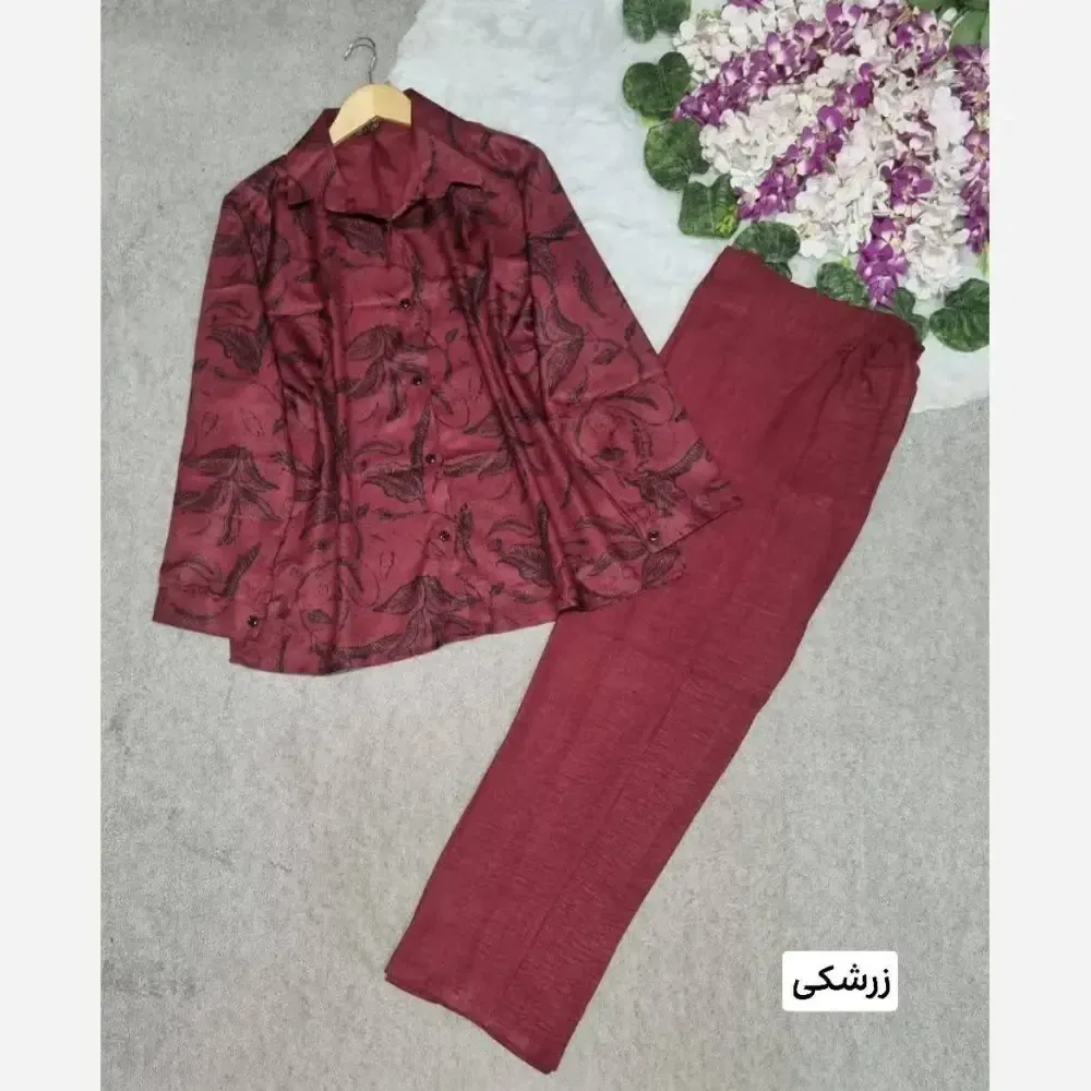 ست ژینوس شانتون زرشکی فری سایز 36 تا 46 قد 70 دورسینه 112 شلوار 104 جلو دکمه پشت کش