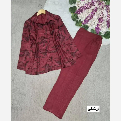 ست ژینوس شانتون زرشکی فری سایز 36 تا 46 قد 70 دورسینه 112 شلوار 104 جلو دکمه پشت کش