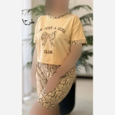 ست تیشرت و شلوارک زنانه پنبه اعلا فری سایز رنگ کرم شکلاتی نسکافه ای