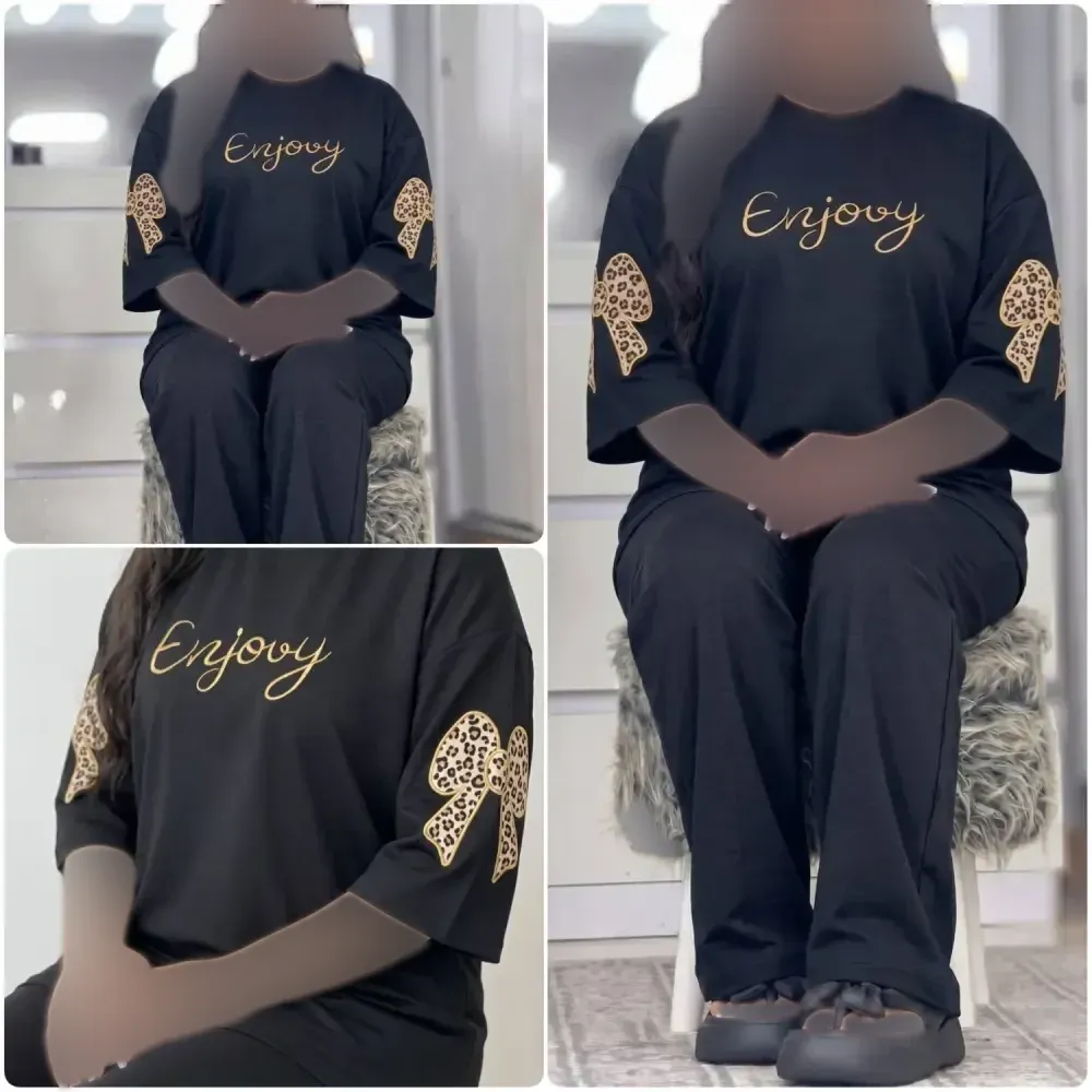ست فرنیا پنبه گلکسی زنانه مشکی طوسی فری سایز 38 تا 46