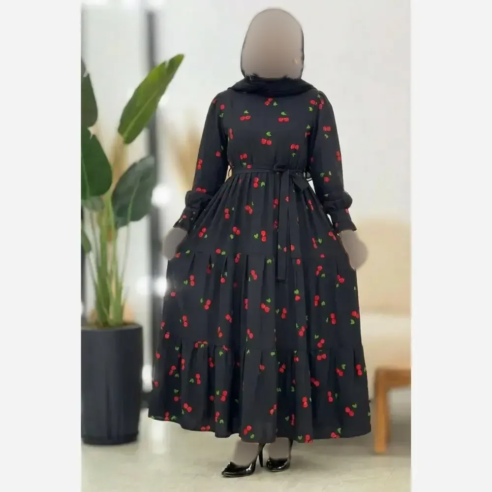 پیراهن گیلاسی یقه چین جنس بوگاتی رنگ مشکی سایز فری 38 تا 46