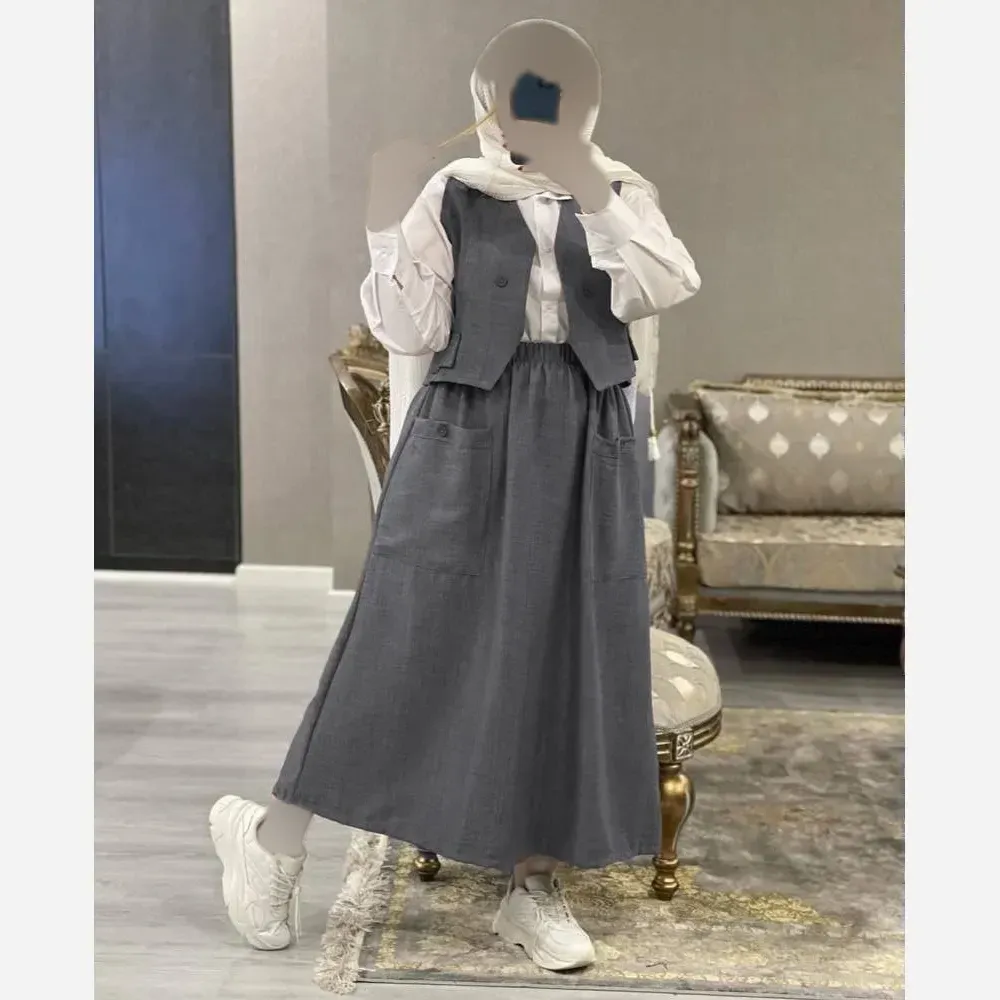 ست سه تیکه شومیز داکرون و جلیقه و دامن شانتون مدل ژینا سایز 38 تا 46