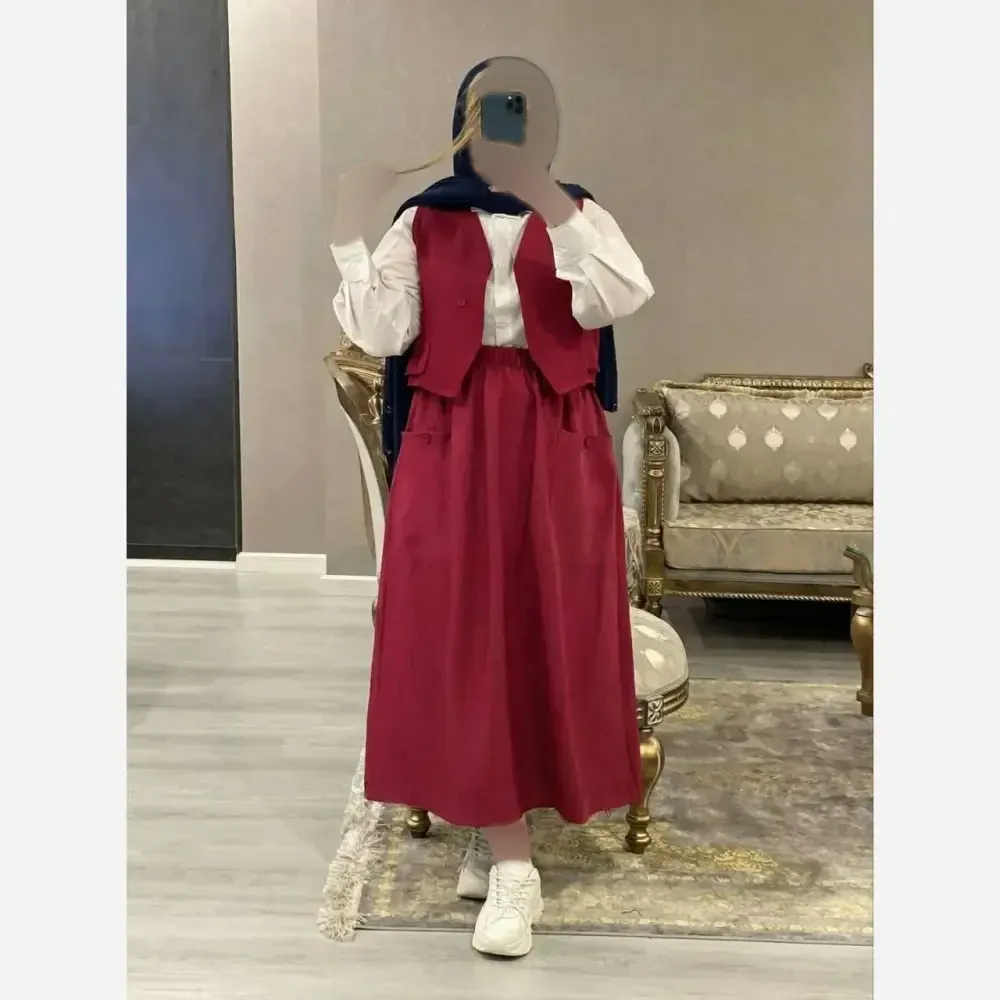 ست سه تیکه شومیز داکرون و جلیقه و دامن شانتون مدل ژینا سایز 38 تا 46