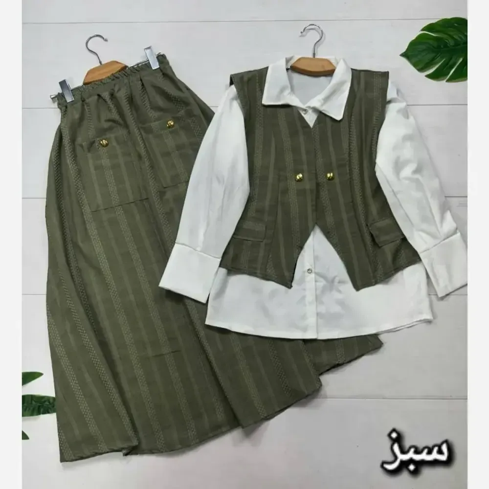 ست سه تیکه شومیز داکرون و جلیقه و دامن شانتون مدل ژینا سایز 38 تا 46