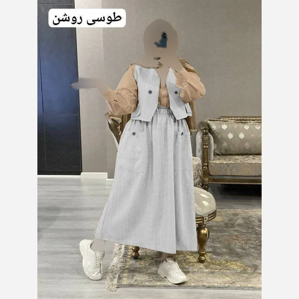 ست سه تیکه شومیز داکرون و جلیقه و دامن شانتون مدل ژینا سایز 38 تا 46
