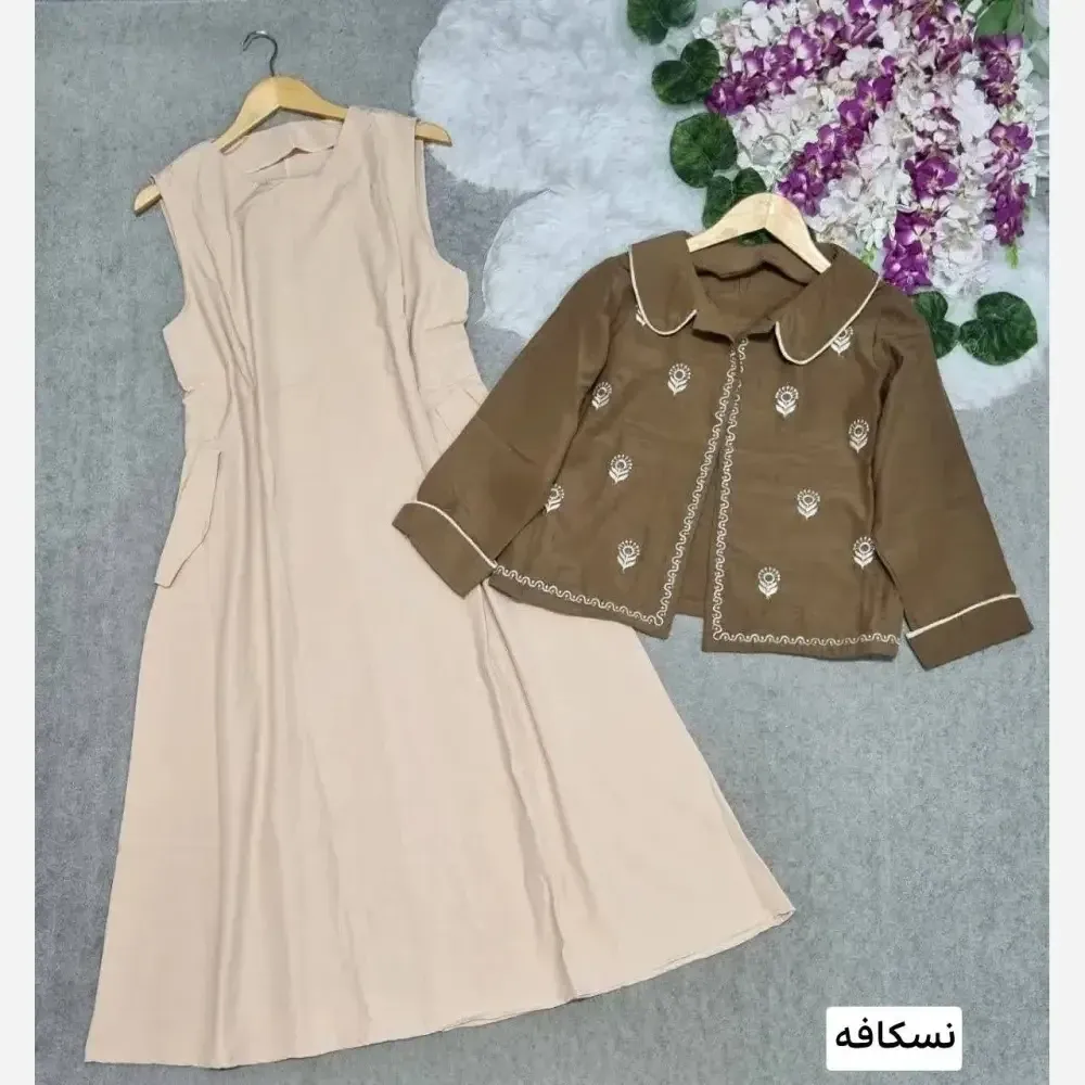 کت سارافن لنین پلاس درجه یک طرح طاووس فری سایز رنگ نسکافه ای و کرمی
