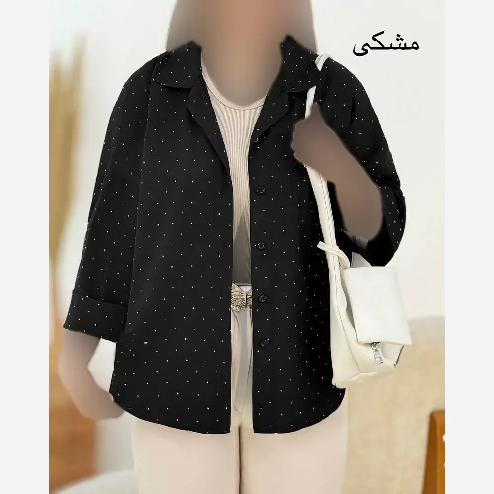شومیز نگینی زنانه الیزه مشکی سایز فری 38 تا 46 قد 75 سانت