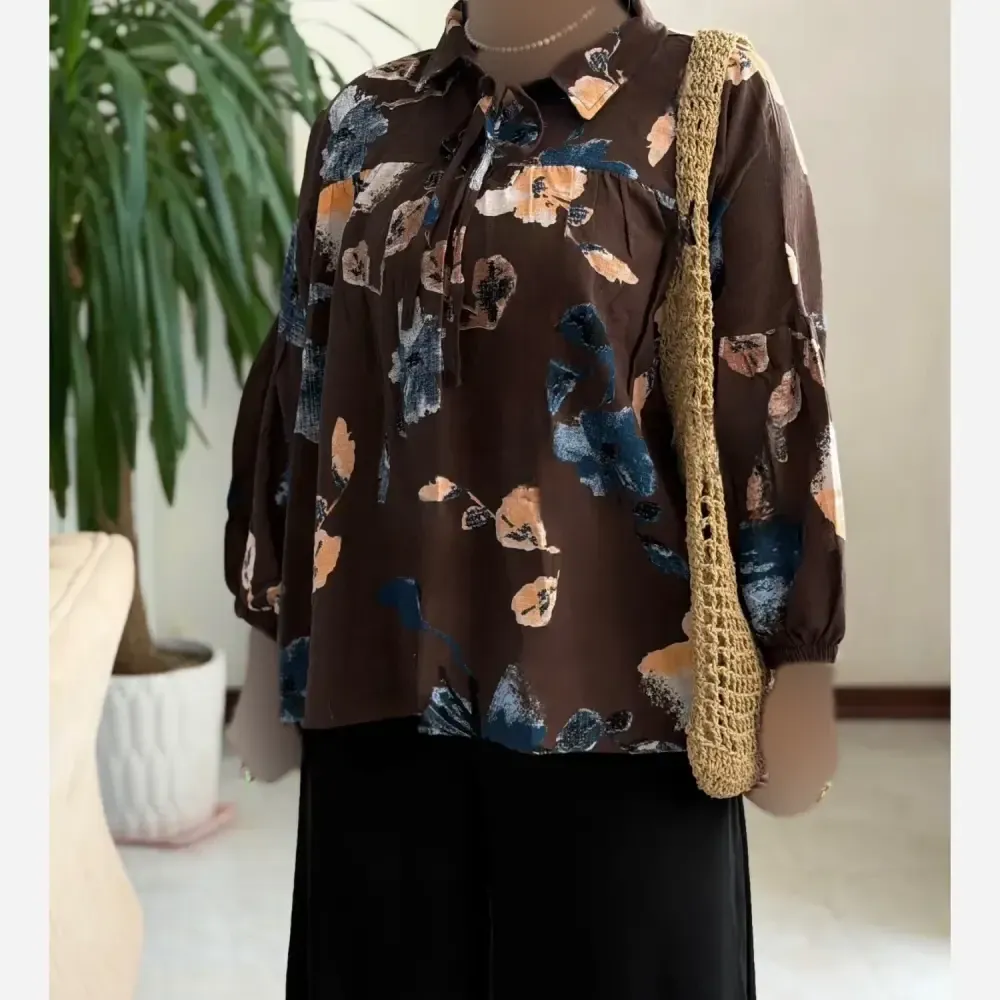 شومیز عروسکی گلدار لنین ایتالیایی درجه یک سایز فری فري 38 تا 50