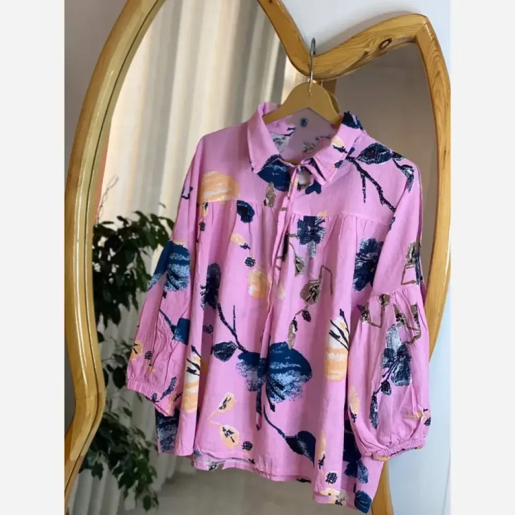شومیز عروسکی گلدار لنین ایتالیایی درجه یک سایز فری فري 38 تا 50