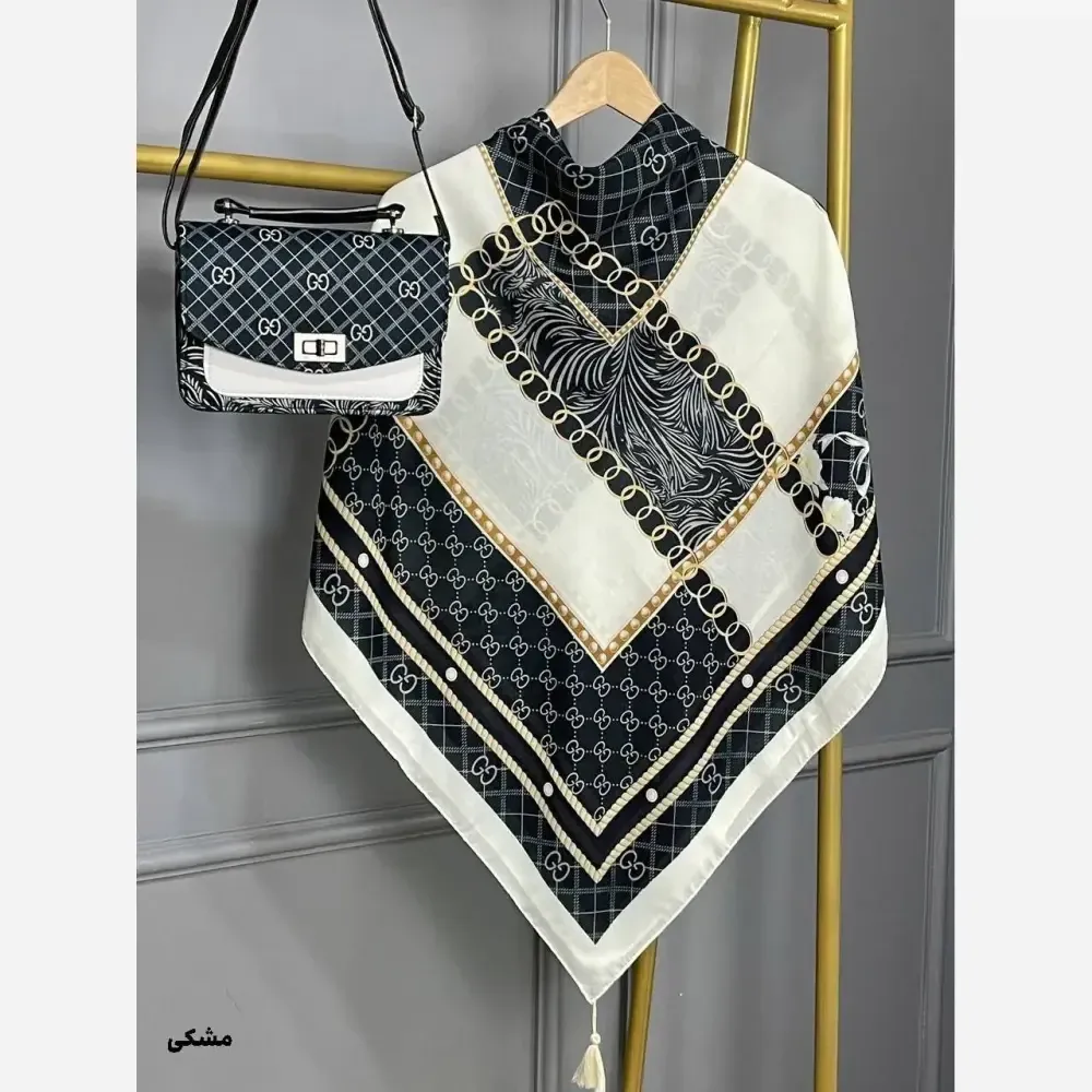 ست کیف و روسری طرح گوچی مخمل و چرم صنعتی با روسری نخی منگوله دار سایز 130