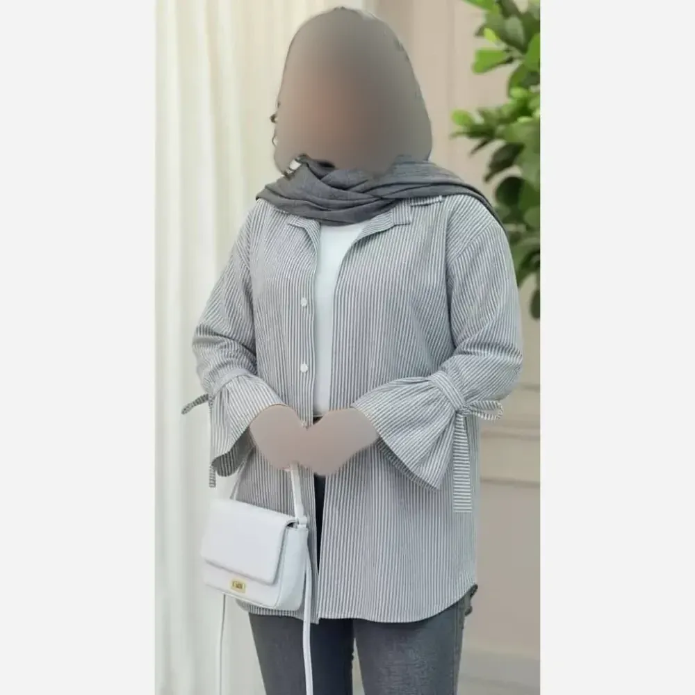 شومیز پاپیونی داکرون زنانه رنگ طوسی و آبی سایز 36 تا 48