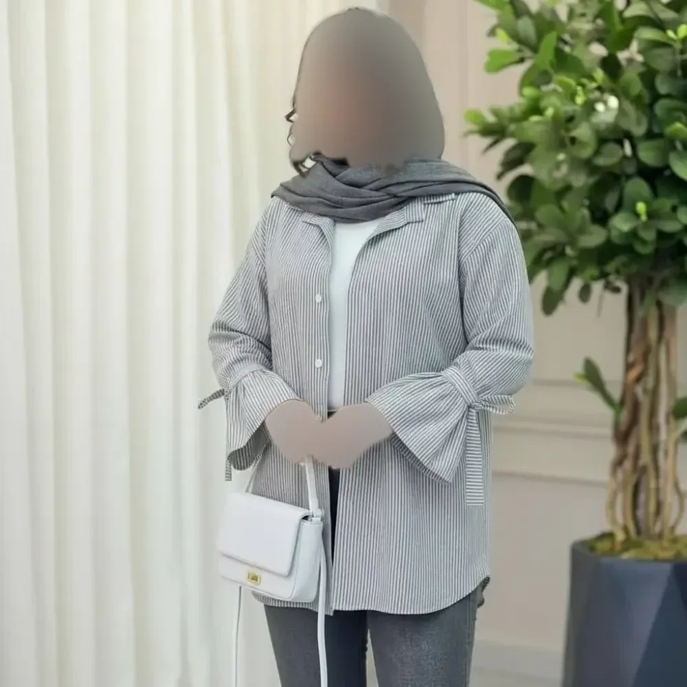 شومیز پاپیونی داکرون زنانه رنگ طوسی و آبی سایز 36 تا 48