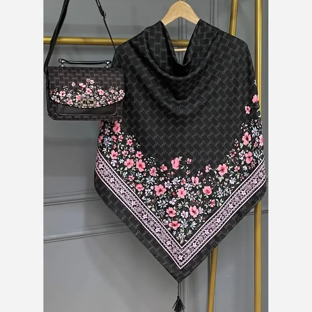 ست کیف و روسری مخمل و چرم صنعتی نخی منگوله دار گل دی