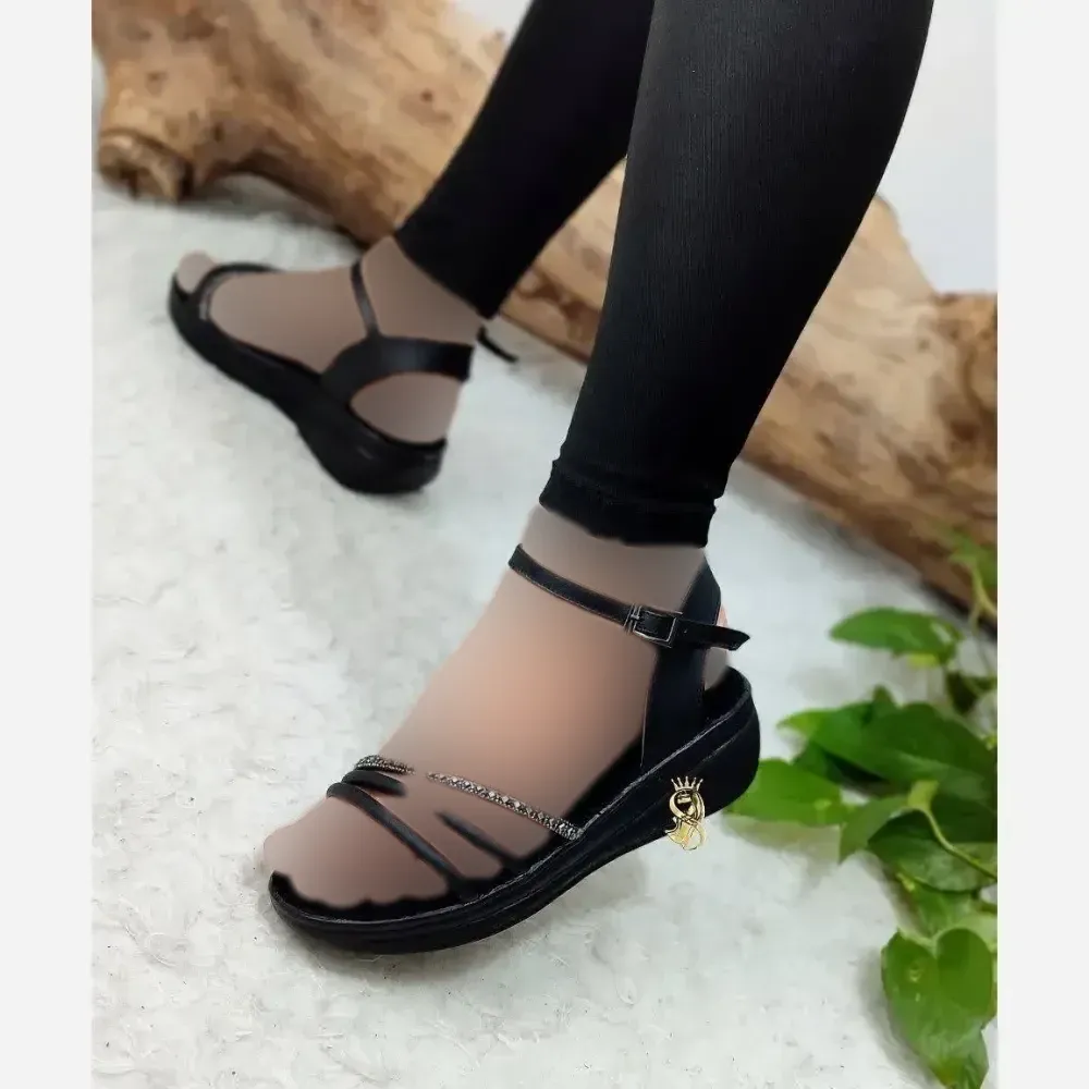 صندل طبی نگینی زنانه چرم صنعتی مشکی مدل الماس