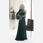 پیراهن ماکسی مجلسی زنانه لمه درجه یک کاپدار کمربند نگینی سایز بزرگ مشکی و یشمی