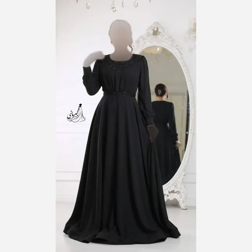 پیراهن مجلسی زنانه کرپ حریر منجوق دوزی شده مشکی سایز بزرگ